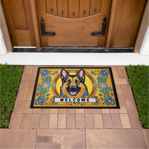 Paillasson Chien berger allemand avec fleurs Accueil