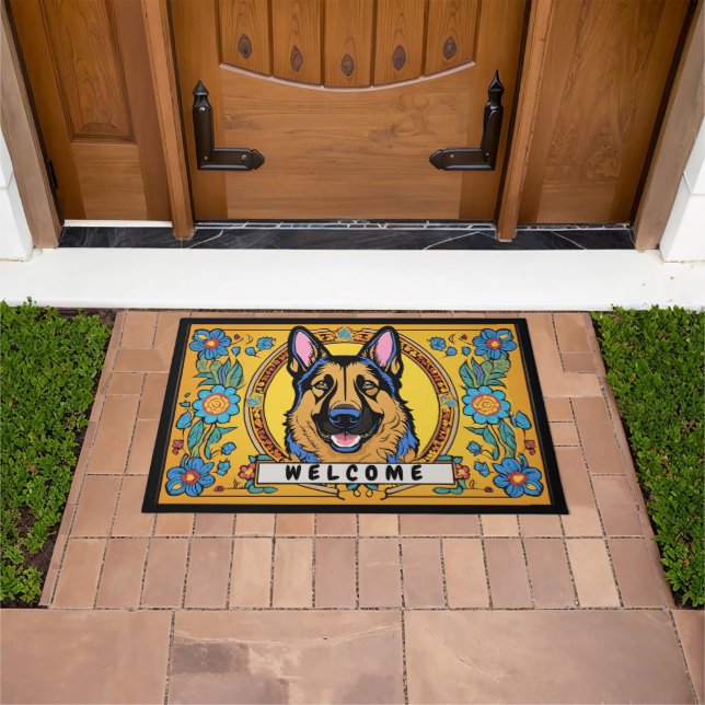 Paillasson Chien berger allemand avec fleurs Accueil (De plein air)
