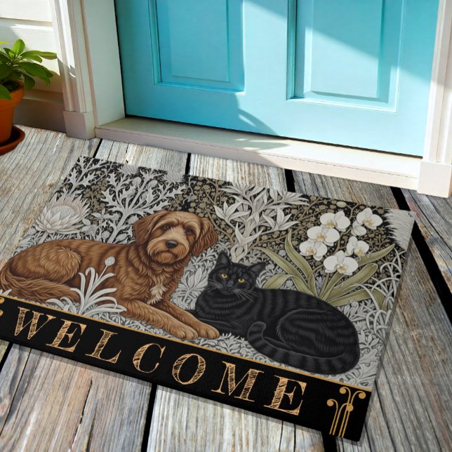 Paillasson Chien & Chat Noir en Art Nuovo Winter / Floral Or (Créateur téléchargé)