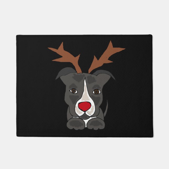 Paillasson Chien gris drôle de Pitbull comme renne de Noël (Devant)