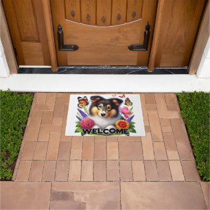 Paillasson Chien-mouton Shetland avec fleurs et papillons