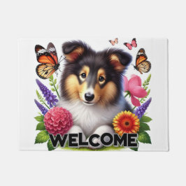 Paillasson Chien-mouton Shetland avec fleurs et papillons