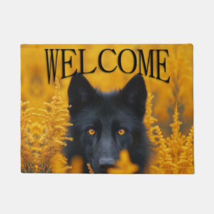 Paillasson Chien noir avec des yeux d'or étonnants Bienvenue