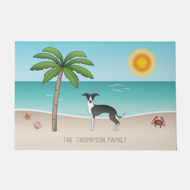 Paillasson Chien Noir Et Blanc Iggy À La Plage Tropicale D'Ét (Devant)