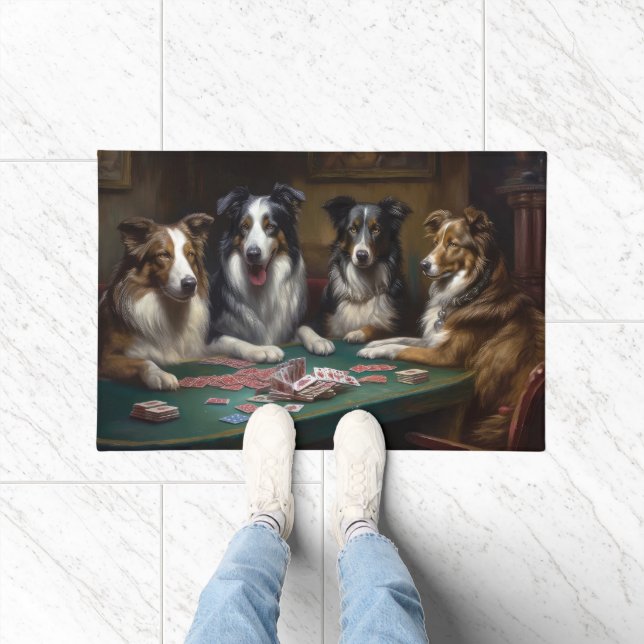Paillasson Chiens bergers australiens jouant au poker art (Intérieur)