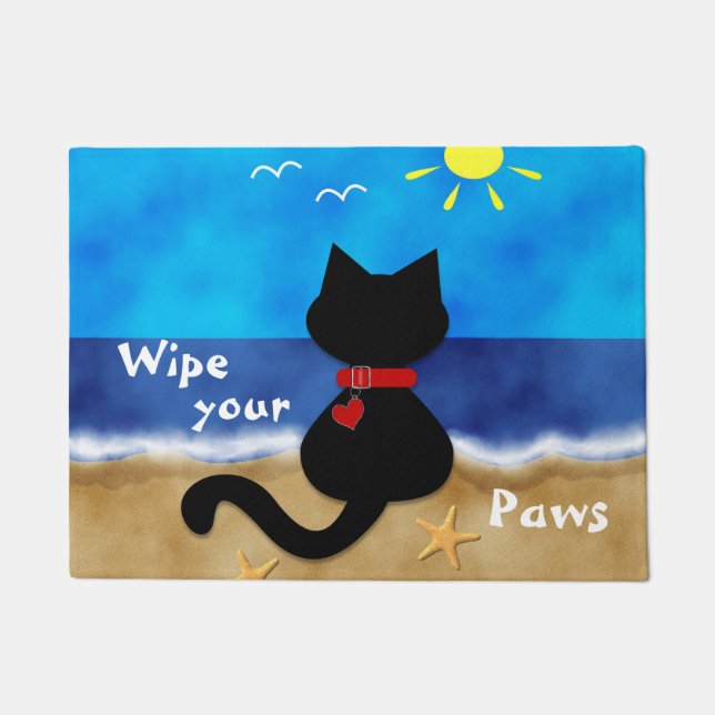 Paillasson Chiffon mignon de thème de plage de chat noir (Devant)