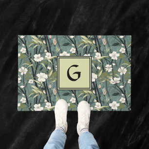 Paillasson Chinoisérie Florale Vert Sarcelle Blanc Initiale 
