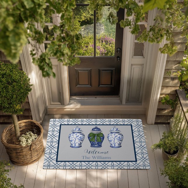 Paillasson Chinoiserie Ginger Jar Nom personnalisé Bienvenue (Ginger Jar Chinoiserie custom name personalized doormat)