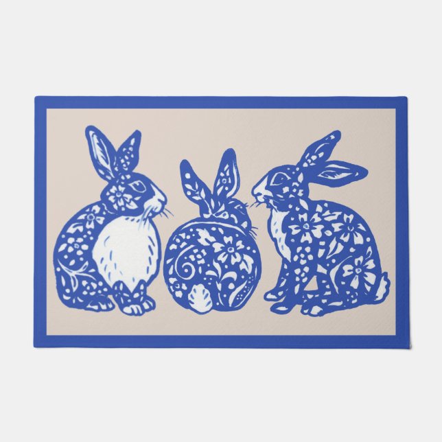 Paillasson Chinoiserie Rabbit Bleu Blanc Bunny Dedham Delft (Devant)