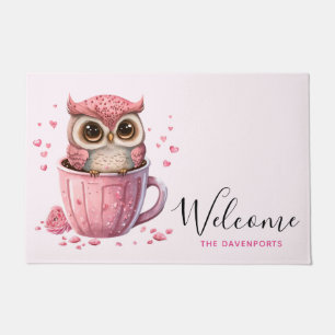 Paillasson Chouette rose mignonne dans une coupe Bienvenue