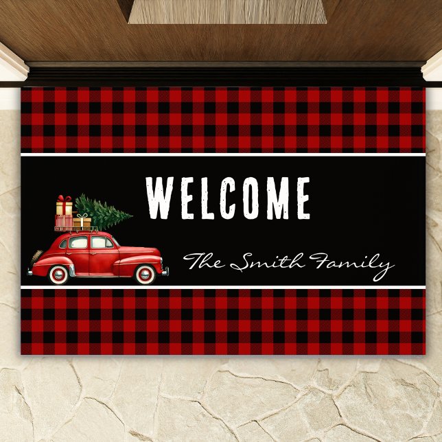 Paillasson Christmas Red Buffalo Plaid | Rustic Holiday (Créateur téléchargé)