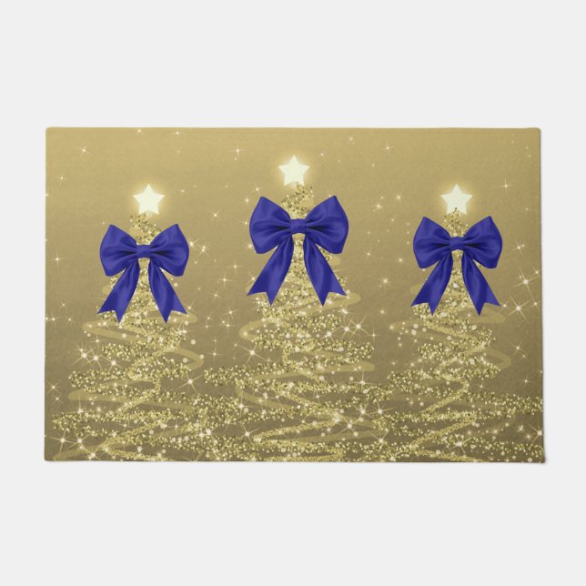 Paillasson Christmas Sparkling Trees Gold Faux Navy Bow  (Devant)