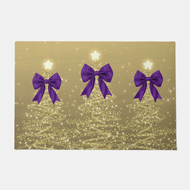 Paillasson Christmas Sparkling Trees Gold Faux Purple Bow  (Devant)