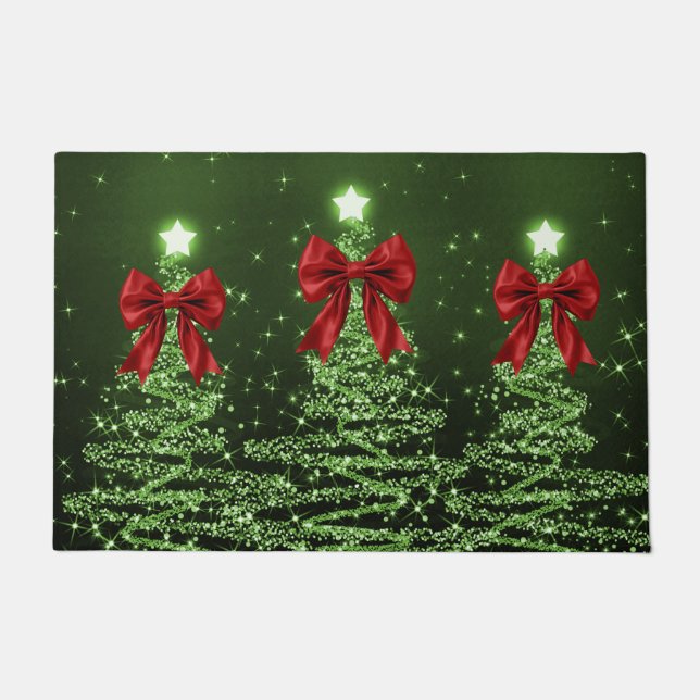 Paillasson Christmas Sparkling Trees Green Faux Red Bow  (Devant)