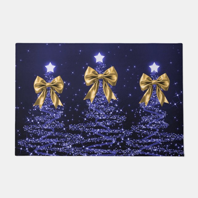 Paillasson Christmas Sparkling Trees Navy Blue Faux Gold Bow  (Devant)