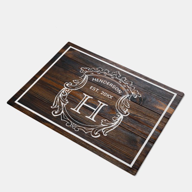 Paillasson Cimier de famille Monogramme Bois foncé Porte gris (Incliné)