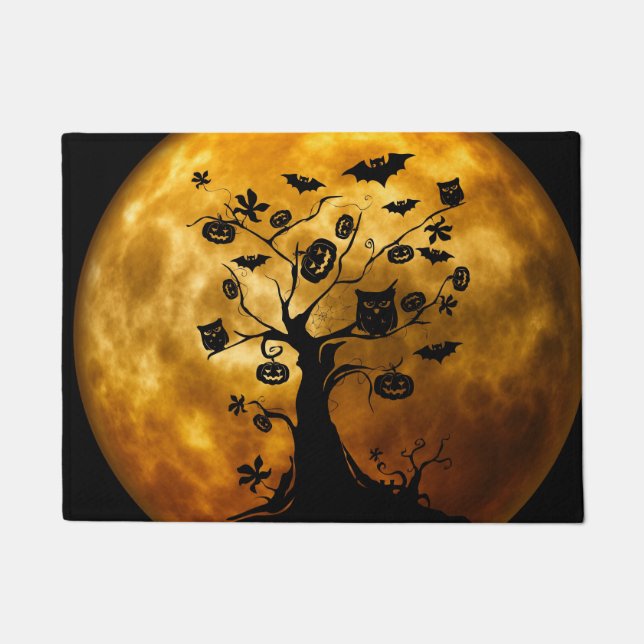 Paillasson Citrouille, chauve-souris, hibou et lune orange (Devant)