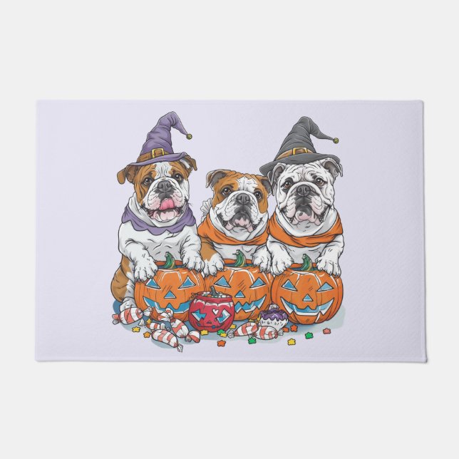 Paillasson Citrouille des Bulldogs anglais d'Halloween (Devant)