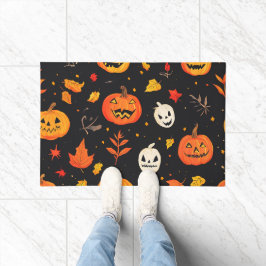 Paillasson Citrouille d'Halloween amusant et Feuilles Imprime