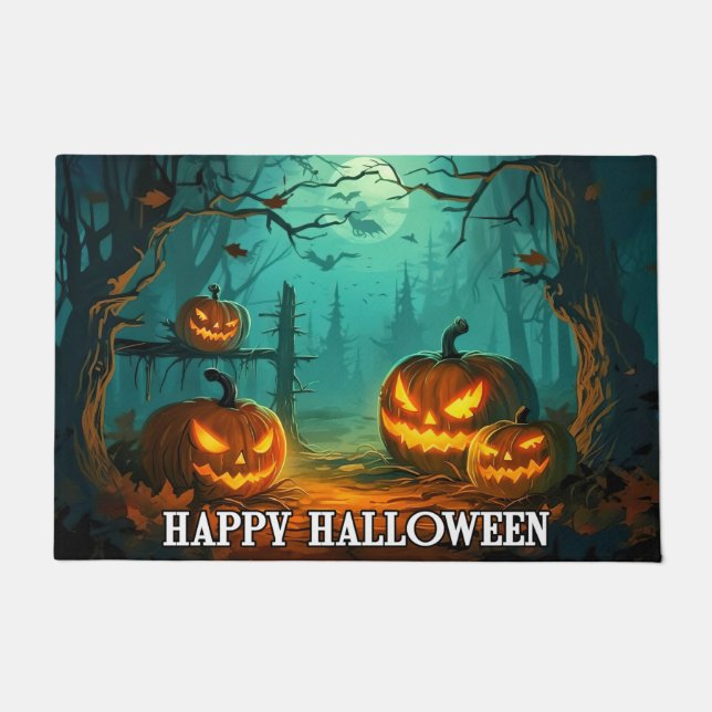 Paillasson Citrouilles éffrayants d'éclairage | Bonne Hallowe (Devant)