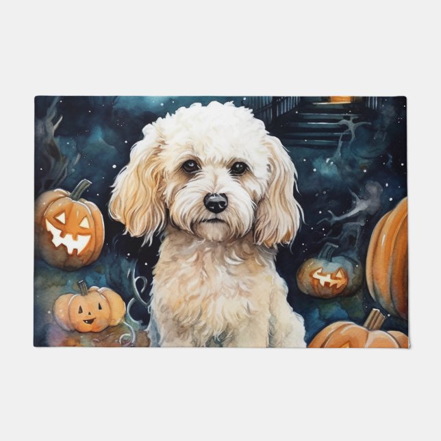 Paillasson Cockapou d'Halloween avec la peur Citrouille (Devant)