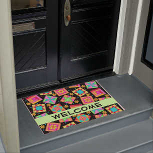 Paillasson Coloré Quilt Patchwork Blocks Black Welcome
