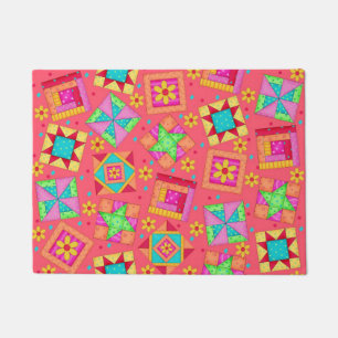Paillasson Coloré Quilt Patchwork Blocs Coral Rouge Personnal