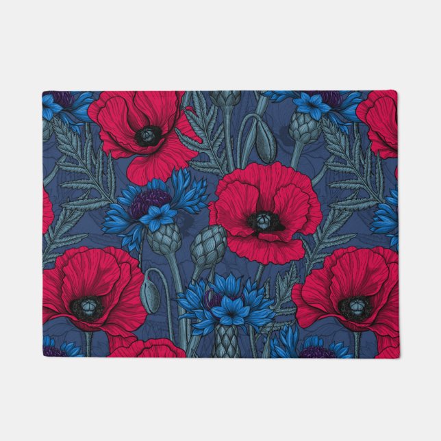 Paillasson Coquelicots rouges et fleurs bleues sur bleu (Devant)