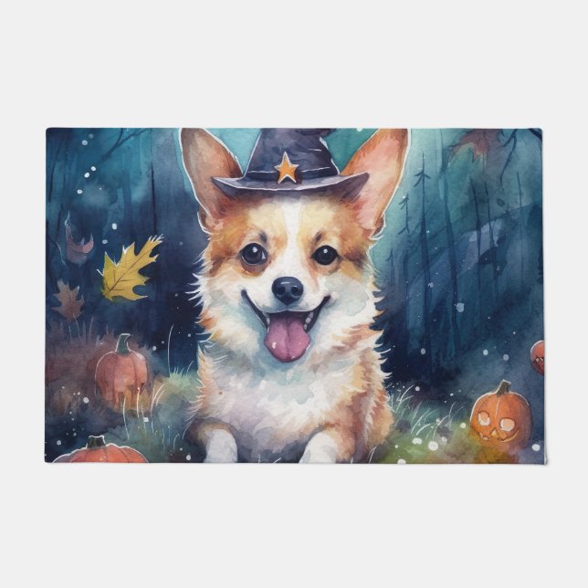 Paillasson Corgi d'Halloween avec la peur Citrouille (Devant)