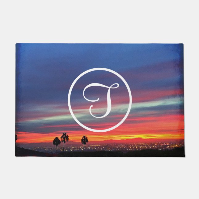 Paillasson Coucher de soleil bleu orange photo monogramme per (Devant)