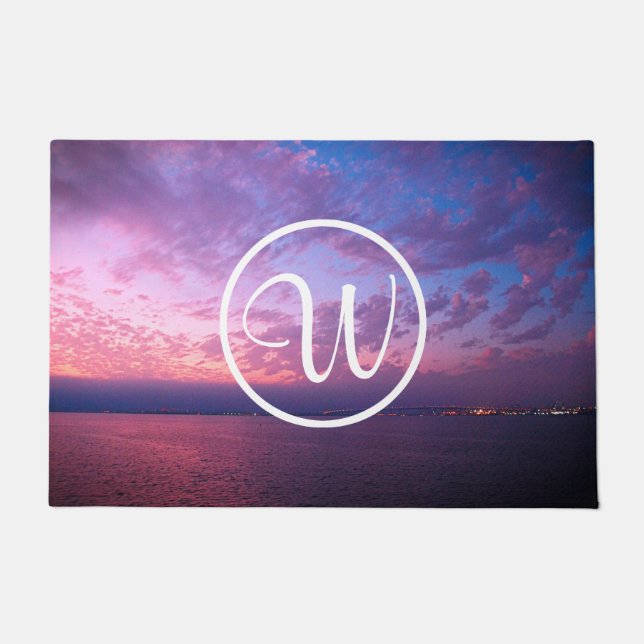 Paillasson Coucher de soleil bleu violet photo monogramme per (Devant)