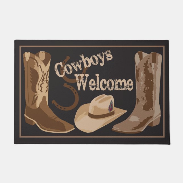 Paillasson Cowboys Welcome Black Brown Boots Casquette Horses (Devant)