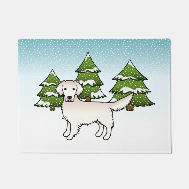 Paillasson Crème Anglaise Golden Retriever En Hiver & Arbres (Devant)