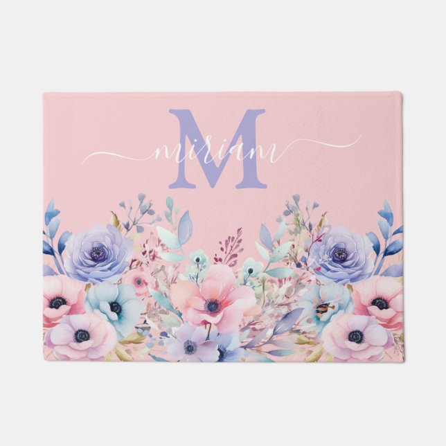 Paillasson Cuisine de luxe Mat : rose et bleu Fleurs (Devant)