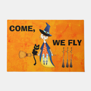 Paillasson Custom VENME, WLY Witch Cat Orange Welcome Deco