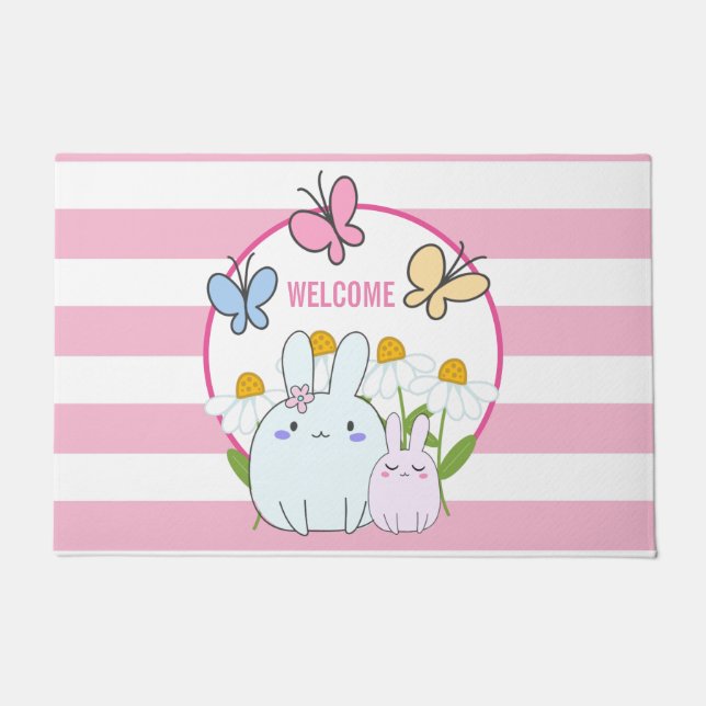 Paillasson Cute Bunnies avec marguerites de printemps et papi (Devant)