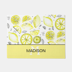 Paillasson Cute Citron frais Citrus Doodle Yellow Monogramme