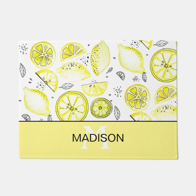 Paillasson Cute Citron frais Citrus Doodle Yellow Monogramme (Devant)
