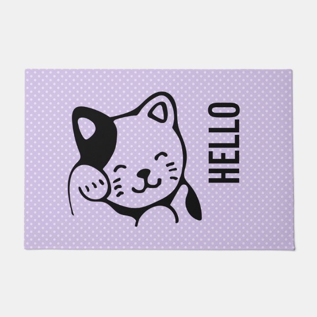 Paillasson Cute noir et blanc Kitty Chat Waving Bonjour (Devant)