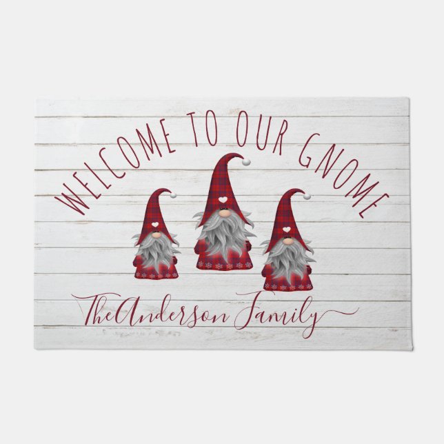 Paillasson Cute Rustic Faux Bois Gnomes de famille de Noël (Devant)