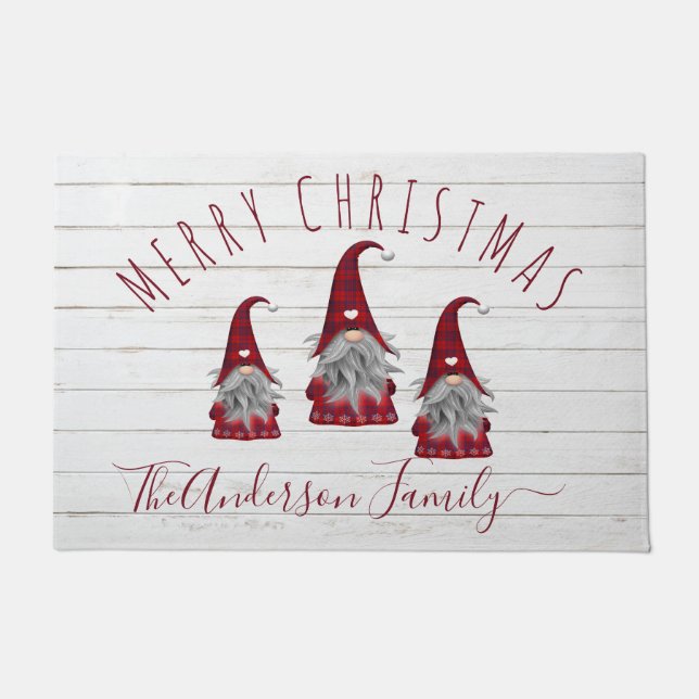 Paillasson Cute Rustic Faux Bois Gnomes de famille de Noël (Devant)