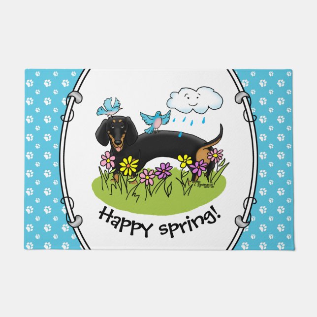 Paillasson Dachshund de printemps (noir et tan) Mignons chien (Devant)