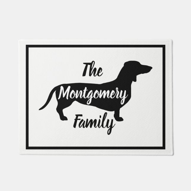 Paillasson Dachshund noir moderne et nom de famille (Devant)