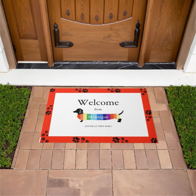 Paillasson Dachshund Rainbow Monogram Bienvenue Typographie C (De plein air)