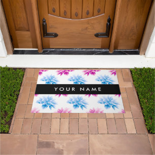 Paillasson Dahlia rose et bleu, motif floral, votre nom