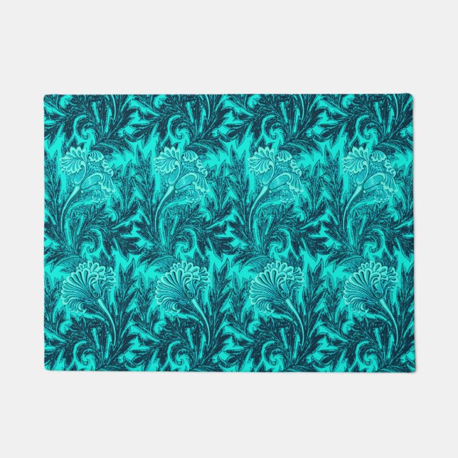 Paillasson Damassé Jacobean de fleur, turquoise et bleu (Devant)
