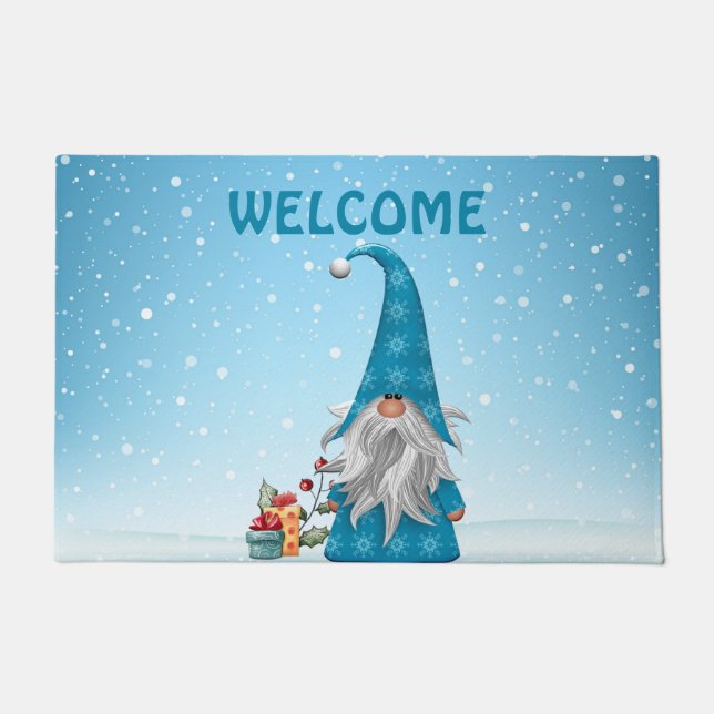 Paillasson Décor de Noël Gnome Bleu (Devant)