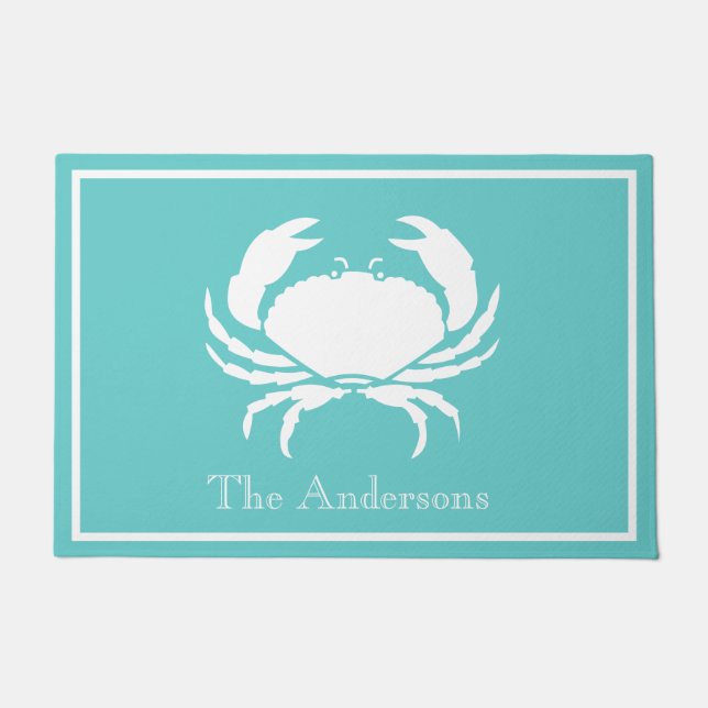 Paillasson Design nautique avec crabe blanc sur bleu Turquois (Devant)