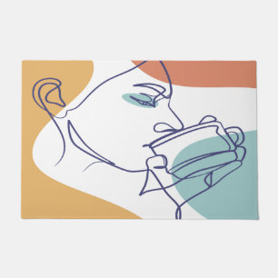 Paillasson dessin d'art affiche d'une femme buvant du café