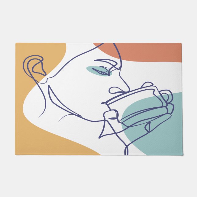 Paillasson dessin d'art affiche d'une femme buvant du café (Devant)